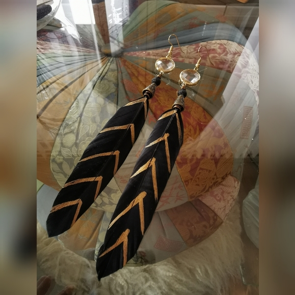 Black & Gold Prism Handmade Feather Earrings - Picture 1 of 4